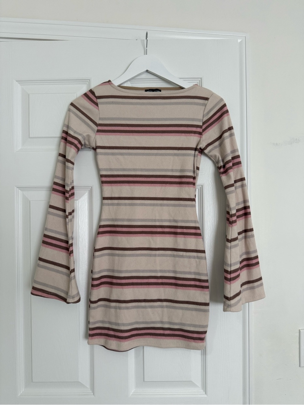 PrettyLittleThing Beige and Pink Striped Long-Sleeve Bodycon Dress